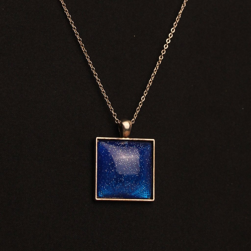 Handmade Epoxy Blue Sparkle Square Pendant Necklace